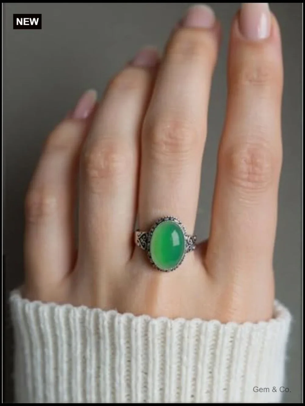 Oval Jade Statement Ring with Natural Gemstone in Sterling Silver